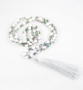 34" White Iridescent Faceted Agate Long Necklace with 4" Light Gray Silky Tassel Dangle